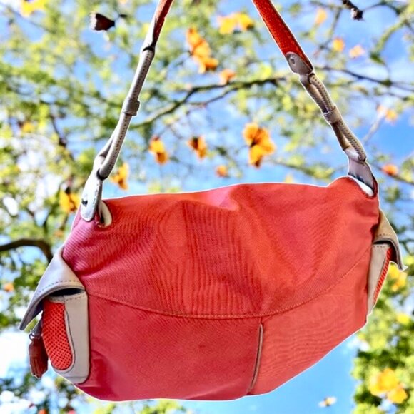 Cole Haan Shoulder Bag Hobo Flap Top Leather Trim orange nylon - Picture 4 of 14